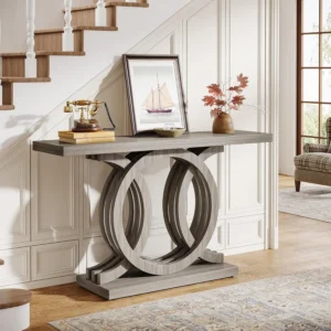 55-Inch Console Table with Geometric Wood Base,